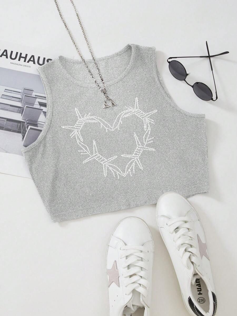 SHEIN Unity 愛心圖案短款背心 - 灰色 - 查看 1