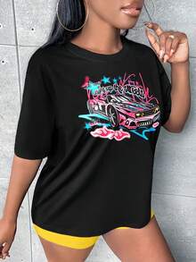 Slaydiva 汽車和字母圖案落肩T恤&騎行褲