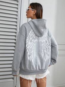 SHEIN Unity 翅膀印花落肩連帽衫 - 灰色 - 查看 2
