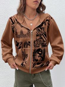 SHEIN EZwear 人像圖案拉鏈開襟抽繩連帽衫 - 咖啡棕 - 查看 4