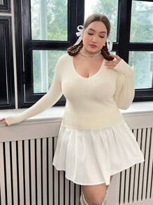 Flirla Plus Solid V Neck Sweater Knit Pullover Fall Winter Sweater - Apricot - View 3