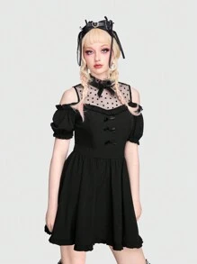 ROMWE Kawaii Spliced Mesh Puff Sleeve Cold-shoulder Neckline Bow Patch Dress - Black - View 3