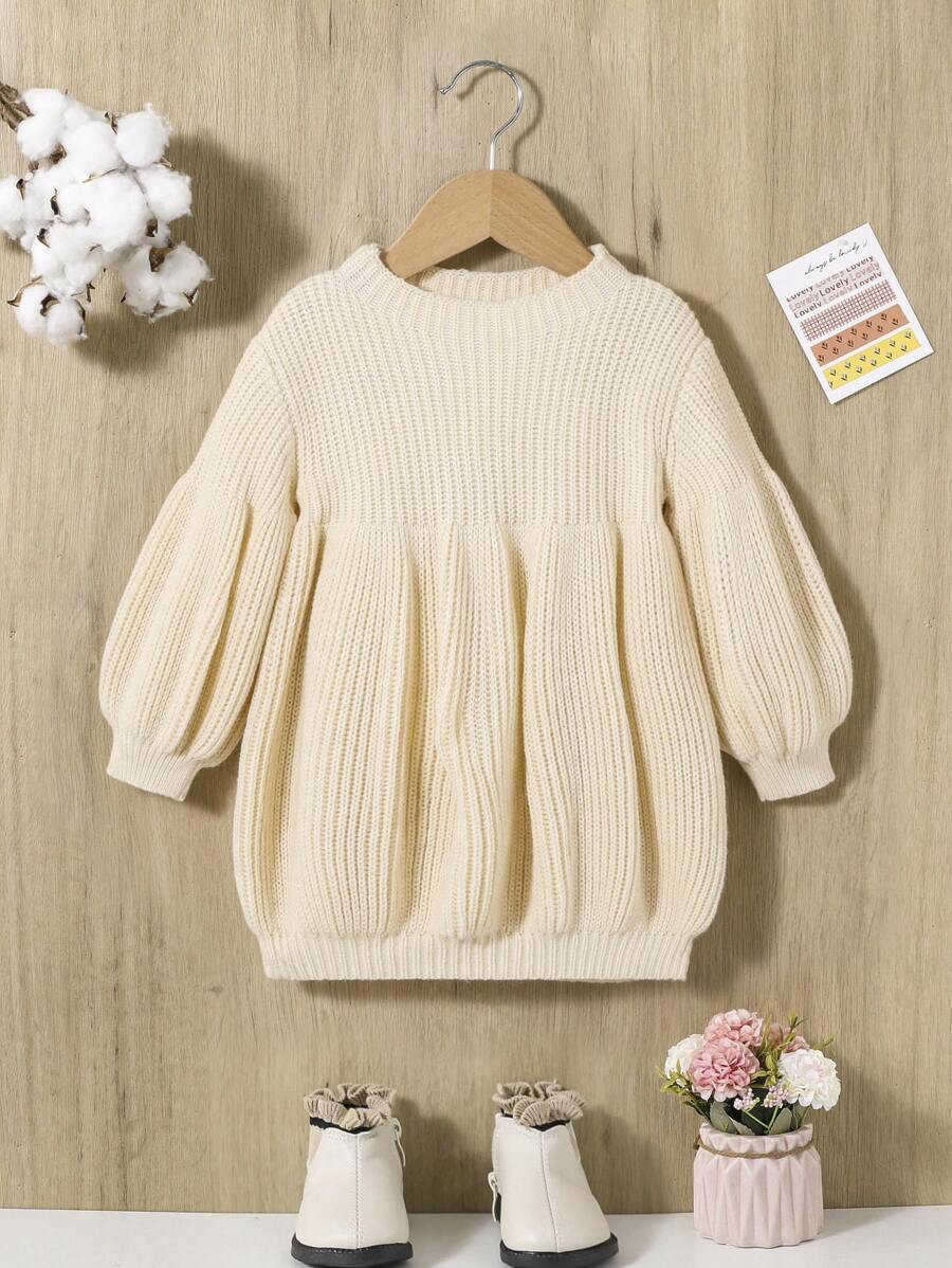 SHEIN 女嬰燈籠袖毛衣洋裝 - 杏色 - 查看 1