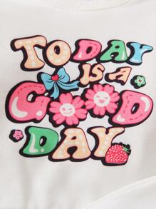 女嬰花卉和標語圖案運動衫和運動褲 - 白色 - 查看 4