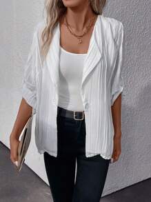 SHEIN LUNE 純色鈕扣前大衣 - 白色 - 查看 1