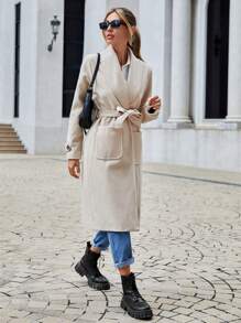 EURMUSE Khăn quàng Túi Kép Thắt lưng Áo khoác - Màu be - Xem 4