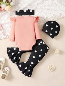 女嬰字母圖案荷葉邊連身背心&愛心圖案喇叭褲＆ 頭巾