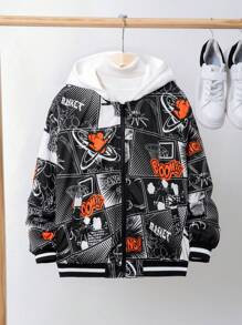 SHEIN 男大童波普藝術圖案毛絨內襯拉鏈開襟連帽夾克無衛衣 - 黑色 - 查看 3