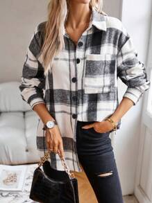 Aveloria 格子印花落肩衬衫纽扣衬衫女式，长袖上衣 - 黑與白 - 查看 7