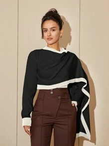 女士拼布撞色长袖圆领时尚短款针织毛衣 - 黑色 - 查看 1