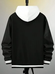 Manfinity Homme 男款寬大肩墊飛行外套,用字母刺繡和條紋修飾 - 黑色 - 查看 2