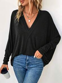 SHEIN LUNE 純色蝙蝠翼袖 V 領T恤 - 黑色 - 查看 1