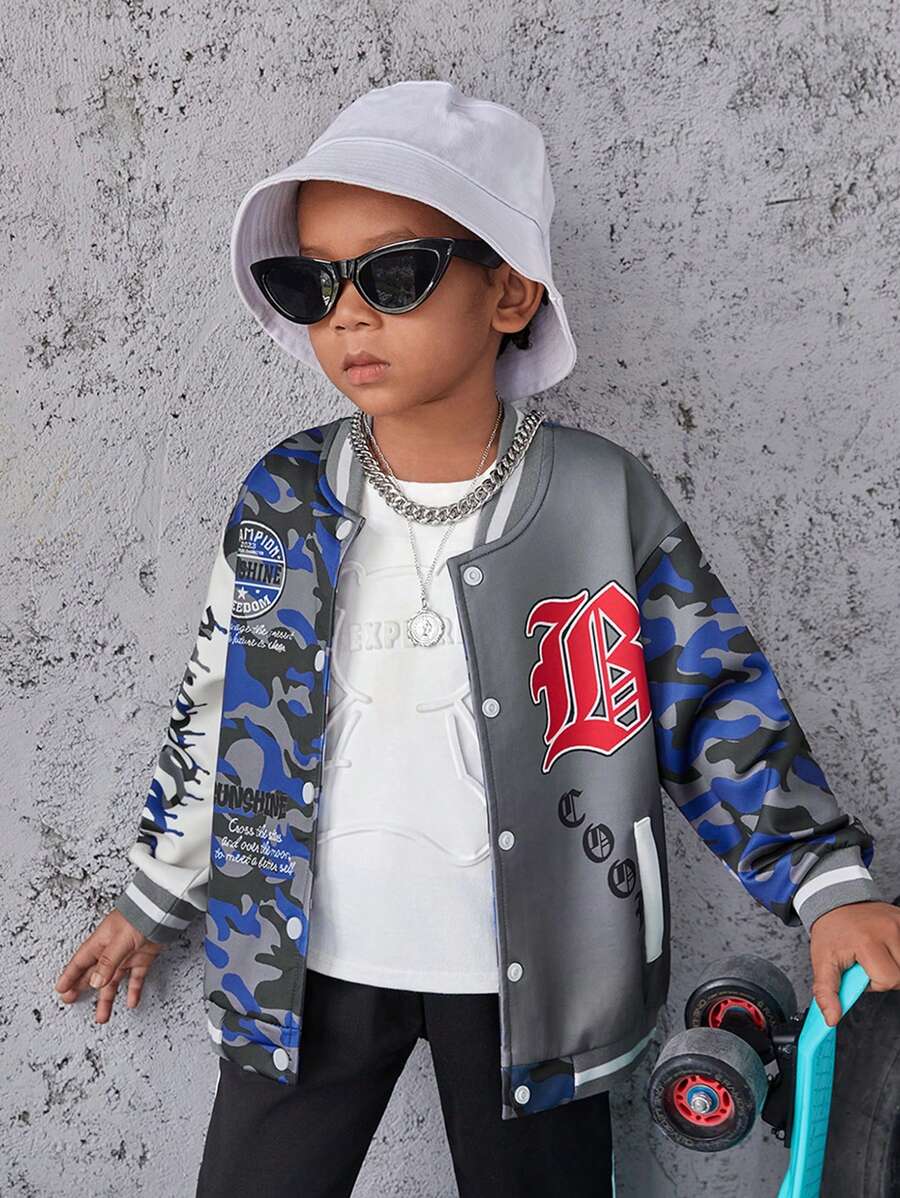 Young Boy Camo Print Letter Graphic Striped Trim Varsity Jacket Without Hoodie - Multicolor - View 1