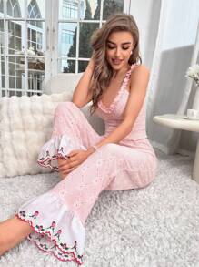 Côtesoire Strawberry Embroidery Ruffle Trim Cami Top & Pants PJ Set / Pajama Set - Baby Pink - View 3
