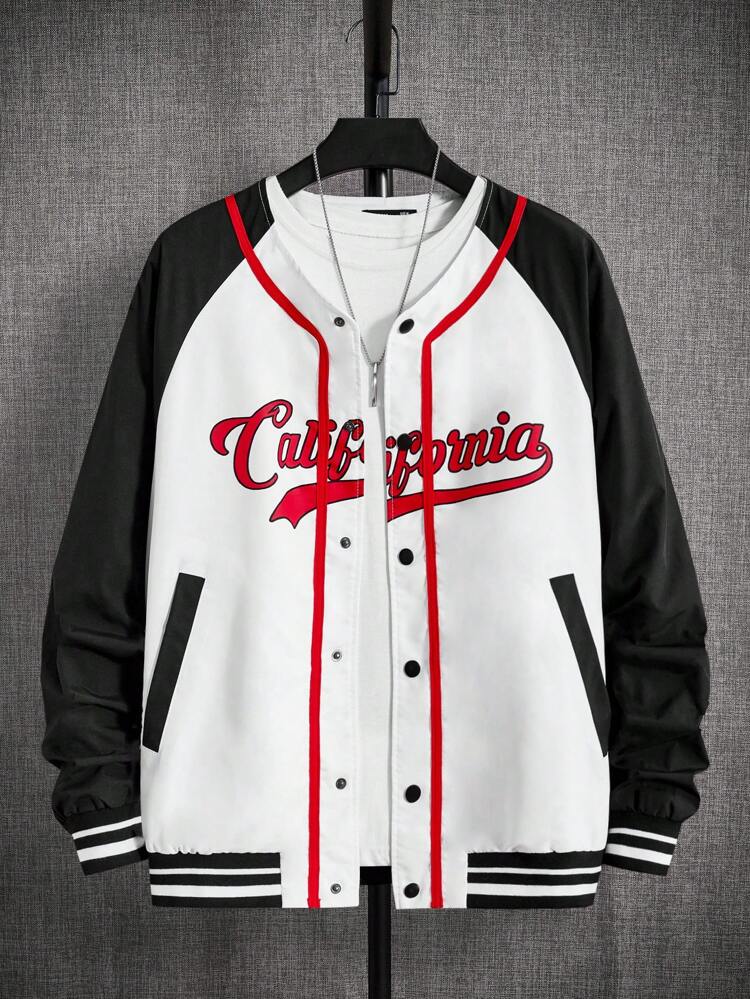 Oversized Men's Letter Graphic Striped Trim Raglan Sleeve Varsity Jacket, For Fall Winter