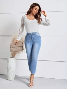 SHEIN LUNE 水鑽細節緊身九分牛仔褲 - 淺色水洗藍 - 查看 1