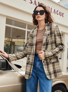 BizChic Plaid Print Lapel Neck Blazer - Brown - View 7