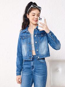 青少年女孩蝴蝶和字母圖案翻蓋口袋牛仔夾克 - 深色水洗藍 - 查看 2