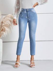 SHEIN LUNE 水鑽細節緊身九分牛仔褲 - 淺色水洗藍 - 查看 4