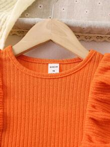 SHEIN 女童荷葉邊 T 恤和打底褲 - 橘色 - 查看 5