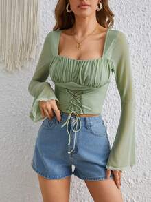 SHEIN VCAY Áo thun có dây buộc phía trước bằng vải xếp - màu xanh lá - Xem 5