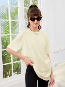 SHEIN Teen Girl Slogan & Cartoon Graphic Drop Shoulder Tee - Apricot - View 4