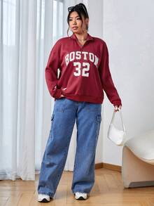 SHEIN EZwear 大碼字母圖案落肩袖1/4拉鍊運動衫 - 紅色 - 查看 3