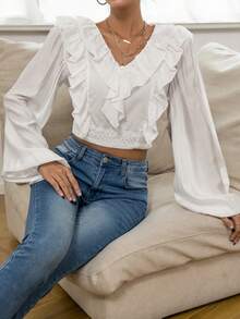 SHEIN Privé Ruffle Trim Lantern Sleeve Crop Blouse - White - View 4