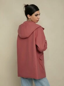 SHEIN Unity Flap Pocket Raglan Sleeve Duffle Hooded Duffle Overcoat - Pink - View 2
