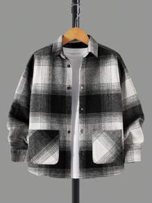 RueChic Tween Boy Plaid Print Pocket Patched Shirt Without Tee - Black - View 1