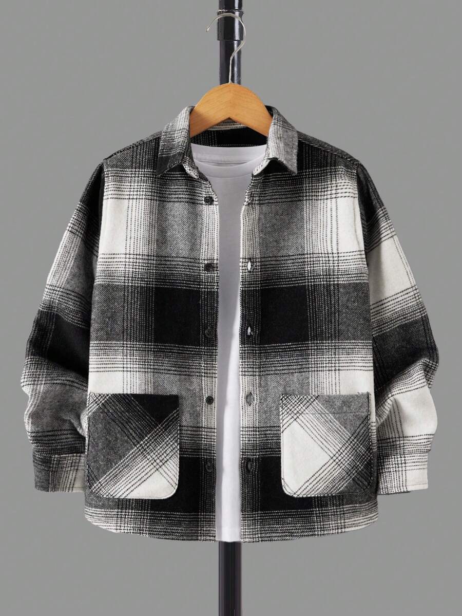 RueChic Tween Boy Plaid Print Pocket Patched Shirt Without Tee - Black - View 1