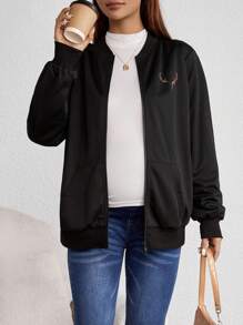 SHEIN Maternity Antler Print Zip Up Bomber Jacket - Black - View 6