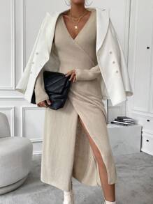 Chiquease 純色裹身下擺毛衣洋裝 - 杏色 - 查看 6