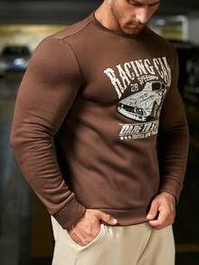 GENTILAND 男士汽車和字母圖案運動衫 - 咖啡棕 - 查看 6