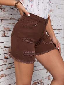 SHEIN Essnce Rách Raw Hem Rách Quần short Denim - Rỉ Nâu - Xem 3