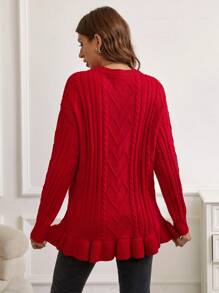 SHEIN Maternity Cable Knit Drop Shoulder Ruffle Hem Sweater, For Winter - Red - View 2