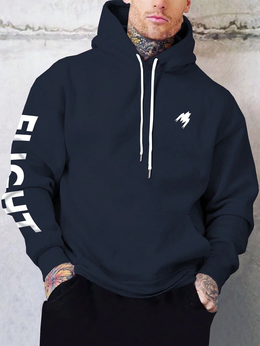 Manfinity Homme Áo hoodie rút dây họa tiết chữ cho nam, Áo hoodie màu xanh đậm, Áo hoodie chui đầu cho nam, Áo hoodie phong cách đường phố - Xanh đậm - Xem 1