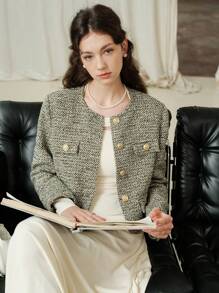 Flap Detail Button Placket Tweed Overcoat - Multicolor - View 6