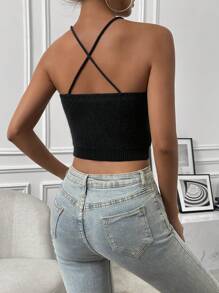 Chiquease 1pc Butterfly Pattern Cami Knit Top - Black - View 2