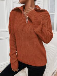 SHEIN Unity Half Zipper Drop Shoulder Sweater - Brown - View 4