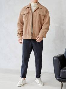 Manfinity VCAY Loose Fit Men's Flap Pocket Drop Shoulder Teddy Jacket, For Fall Winter - Khaki - View 3