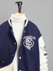 SHEIN 男大童字母&龍印花雙色加絨內裏學院風夾克無毛衣 - 杏色 - 查看 6