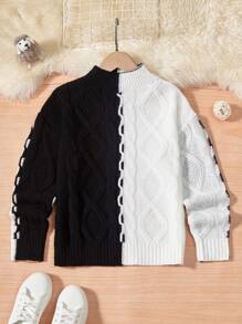 SHEIN Tween Girl Two Tone Mock Neck Drop Shoulder Sweater - Black and White - View 1