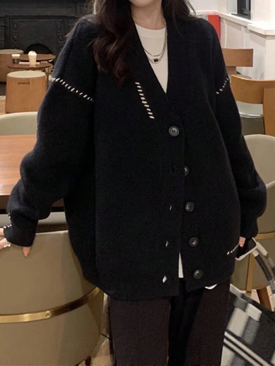 撞色滚边落肩宽松开衫,长袖上衣,休闲黑色 - 黑色 - 查看 1