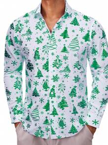 男士圣诞图案纽扣衬衫 - 綠色 - 查看 2