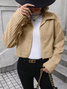 SHEIN LUNE Chaqueta de pana con cremallera y hombros caídos - Caqui - Ver 6