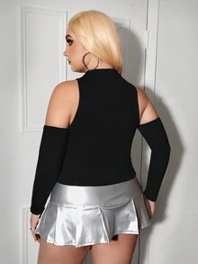 SHEIN ICON 大碼鏤空挖肩上衣 - 黑色 - 查看 5