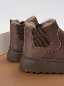 Women's Snow Boots,Women's outdoor warm thick-soled snow boots, solid color brown round toe Chelsea winter suede snow boots - Brown - View 5