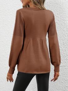 SHEIN LUNE 纯色V领荷叶边针织套头衫秋冬毛衣 - 咖啡棕 - 查看 2