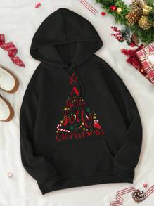 SHEIN EZwear Christmas Print Kangaroo Pocket Drawstring Thermal Hoodie - Black - View 1